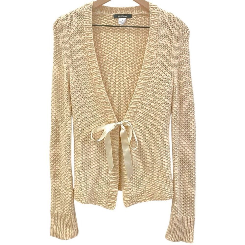Ulla Johnson Camel Hair Knit Cream Bow Tie Front Cardigan Sweater S Fisherman